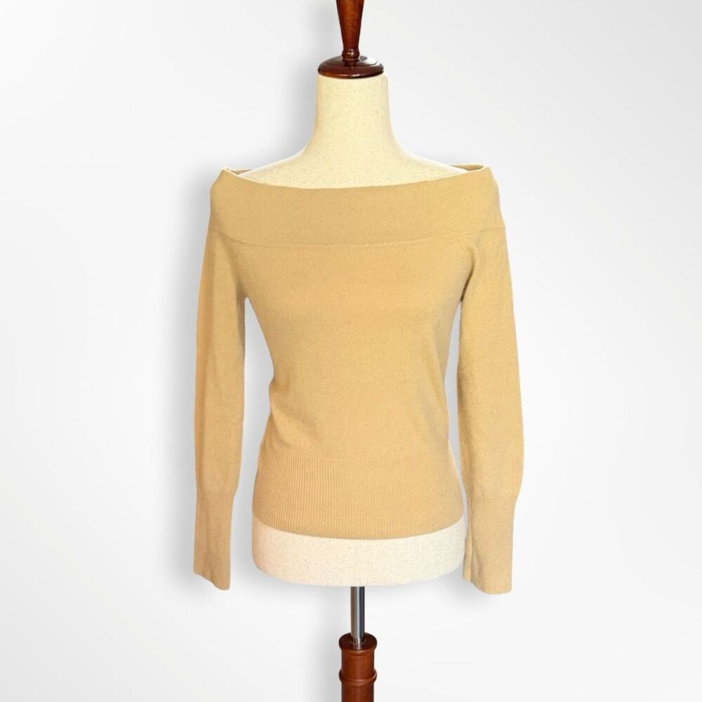 The Limited, 100% Cashmere Off the Shoulder Camel Sweater M Minimal Quiet Luxury